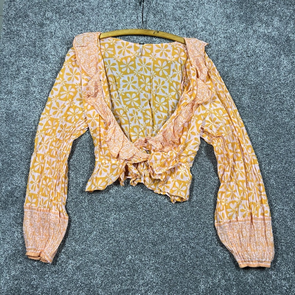 Free People Miss Daisy Peasant Top Med Floral Ruffle Cottagecore Festival Yellow